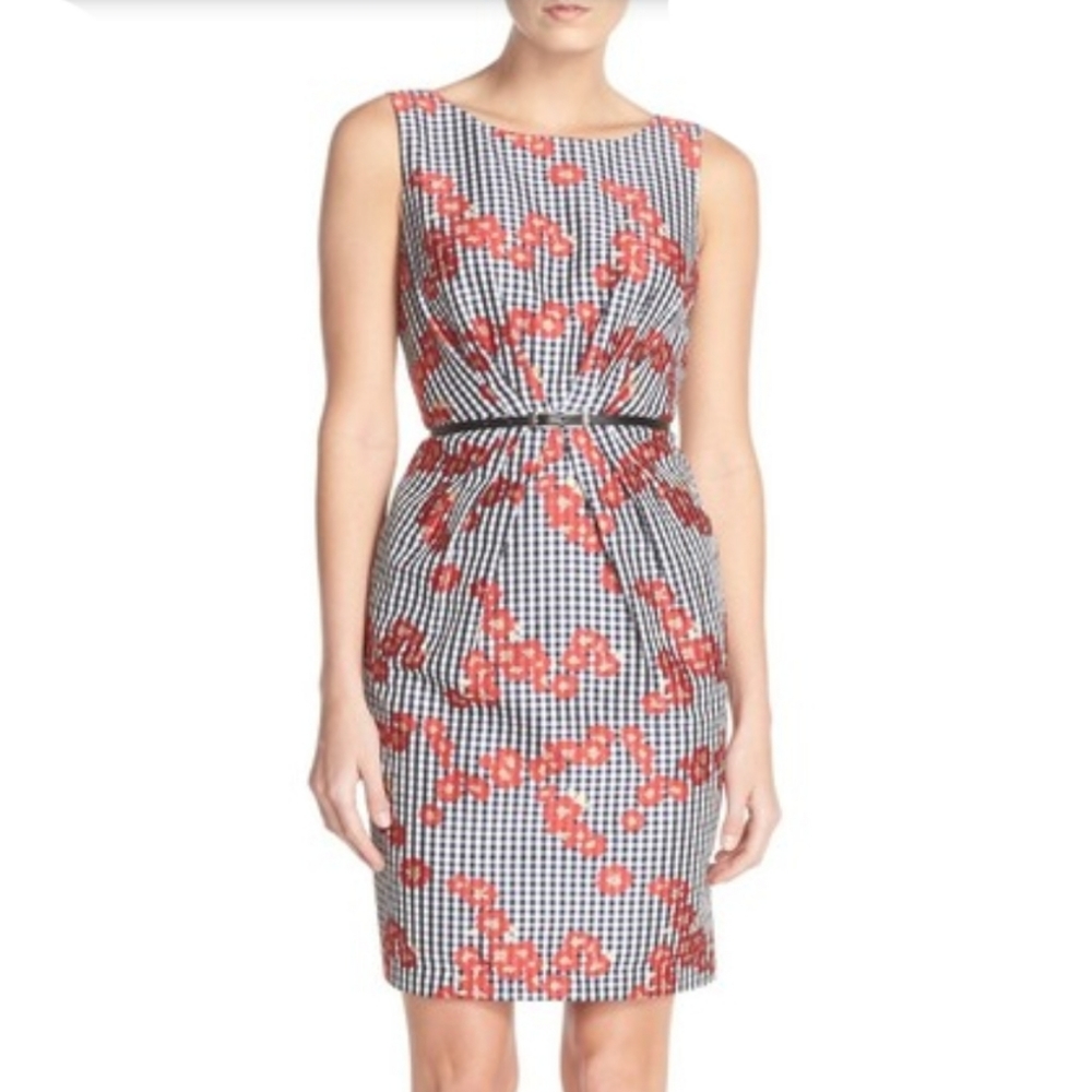 Gingham and Red Poppy Adrianna Papell Sheath Dress - Picture 1 of 4